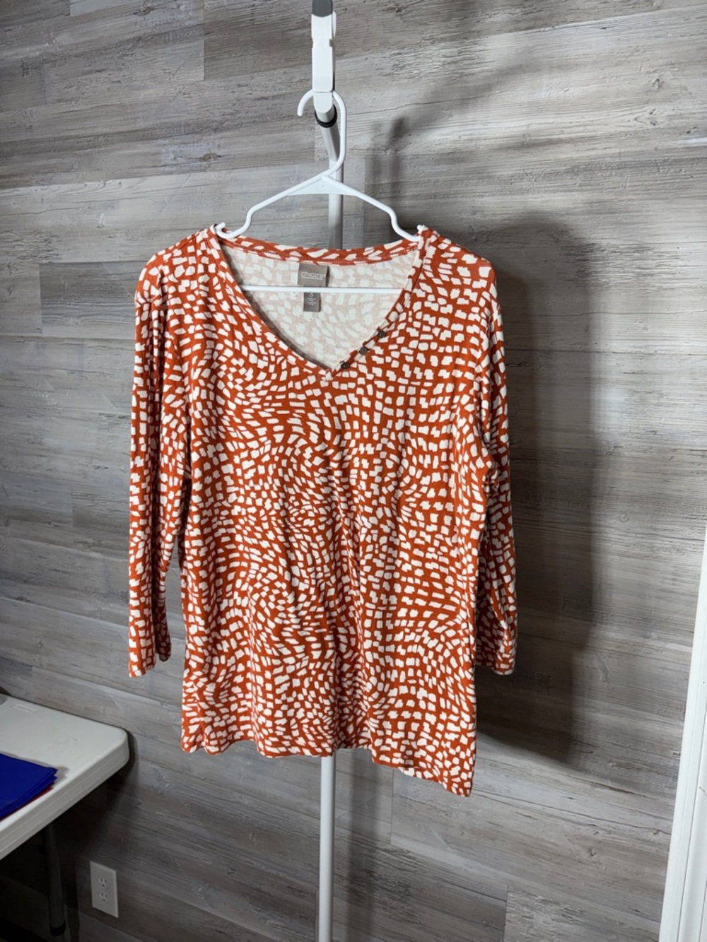Chico's Orange and White Patterned V-Neck Blouse 1890